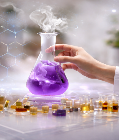 Flacon de laboratoire et liquides colorés