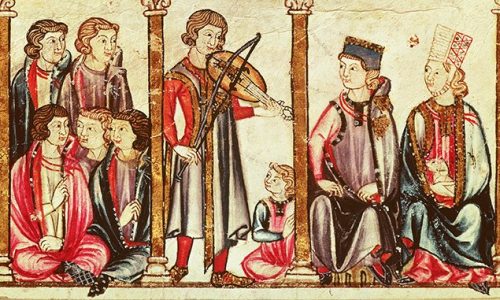 XIR68647 Group of Troubadours (vellum) by Spanish School, (13th century); Biblioteca Monasterio del Escorial, Madrid, Spain; (add.info.: Group of Troubadours, illustration from "Cantigas de Santa Maria", made under the direction of Alfonso X ("The Wise") King of Castille and Leon (1221-84).
See also 56625).